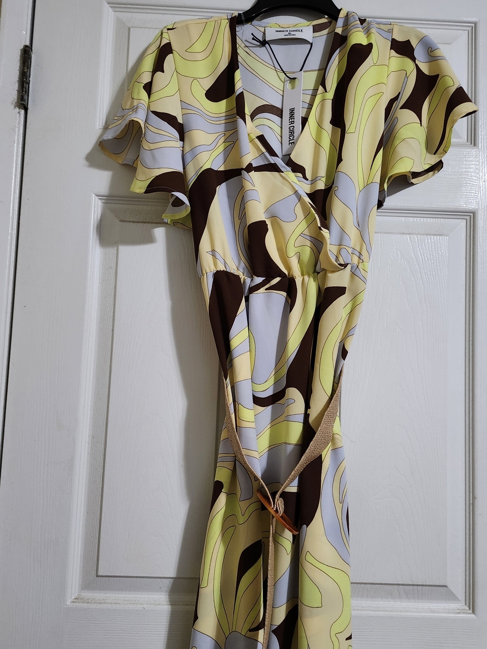 Flutter-Sleeve Wrap Midi Dress in Yellow and Brown